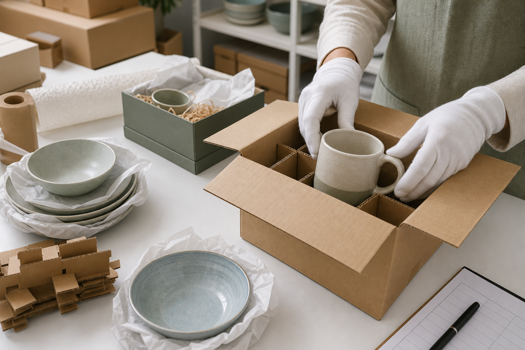 Protective export packing for ceramic mugs and tableware