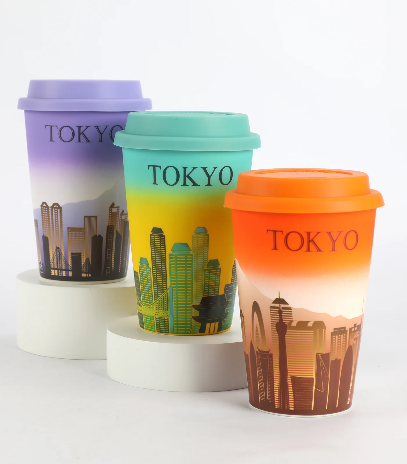 Tokyo skyline ceramic souvenir travel mugs with lids