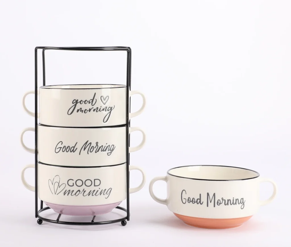 Good Morning Ceramic Soup Cup Rack Set
