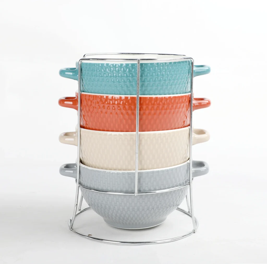 Stacking Two-Handle Ceramic Soup Bowl Set